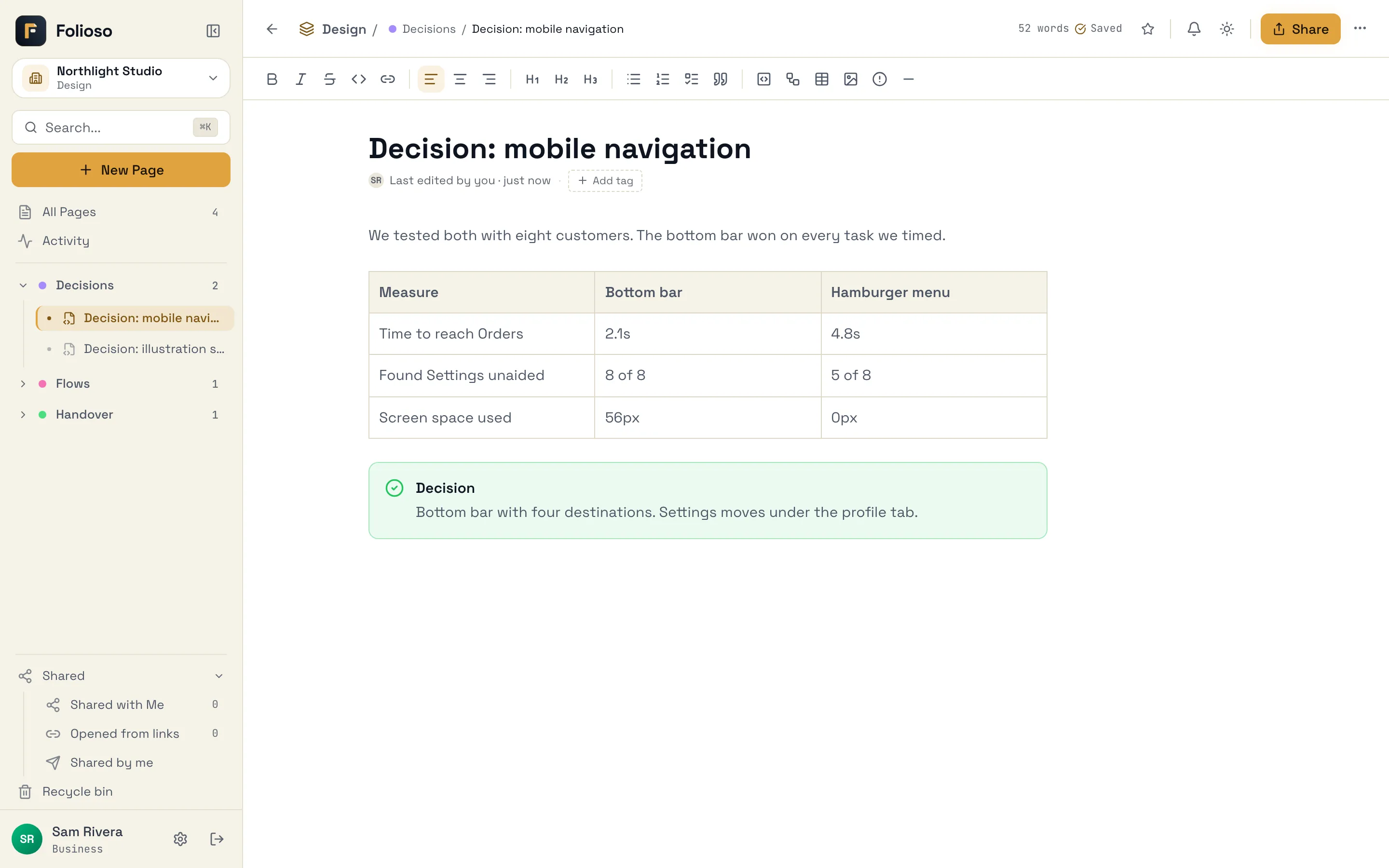 A design decision comparing two navigation patterns in a table, with the outcome in a callout