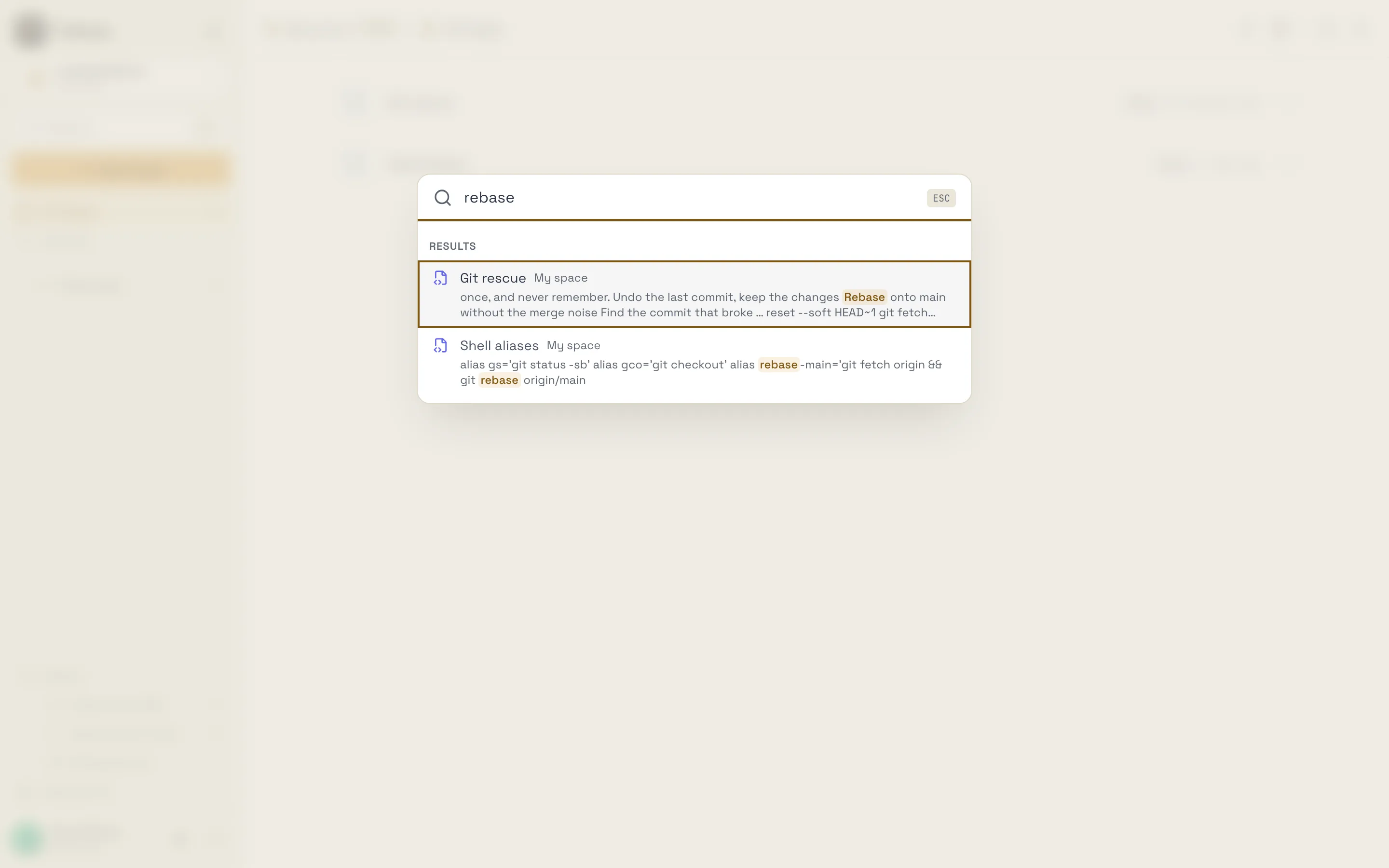 Search for rebase, with matches highlighted inside notes and code blocks