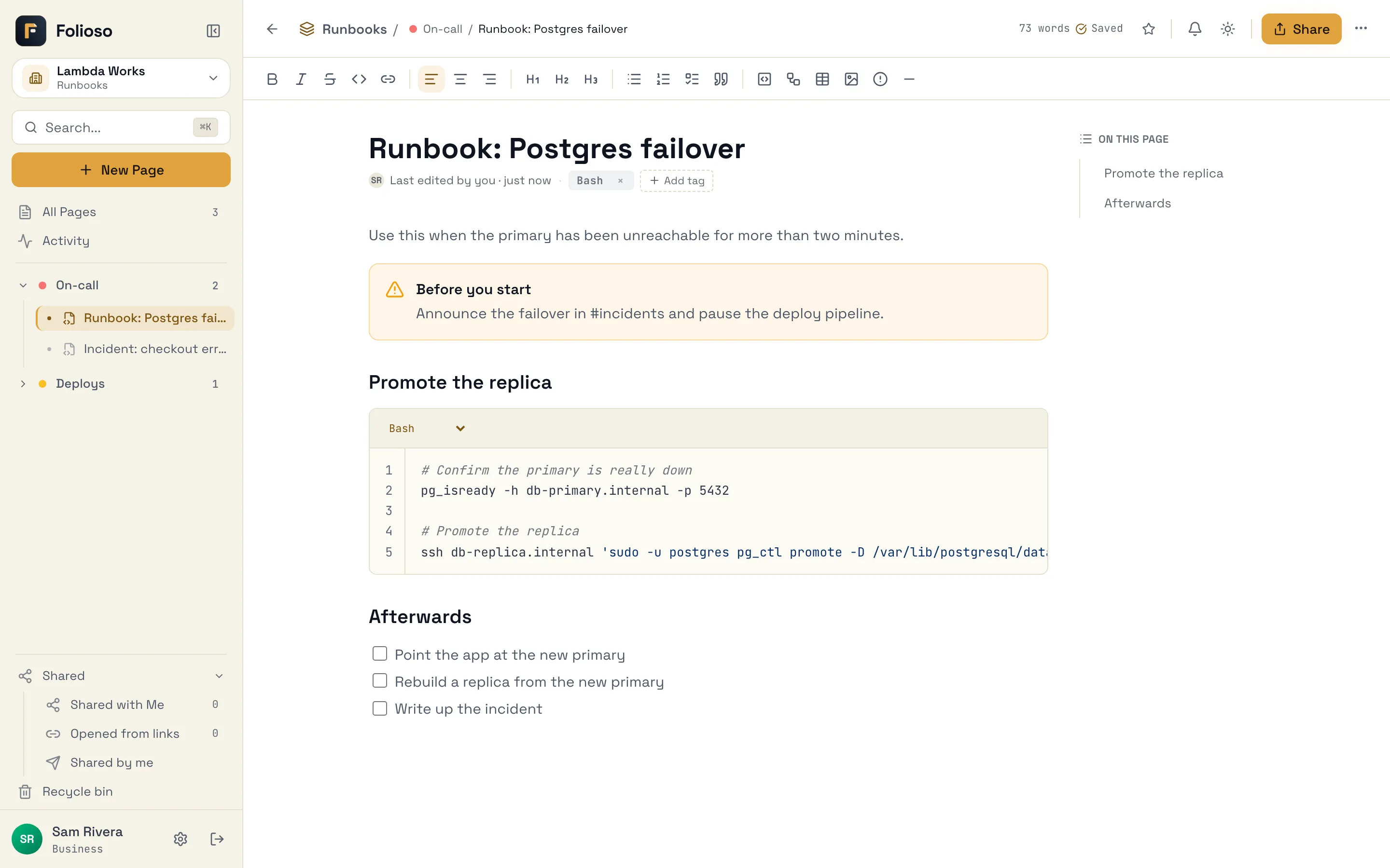A Postgres failover runbook with a warning, shell commands and a checklist