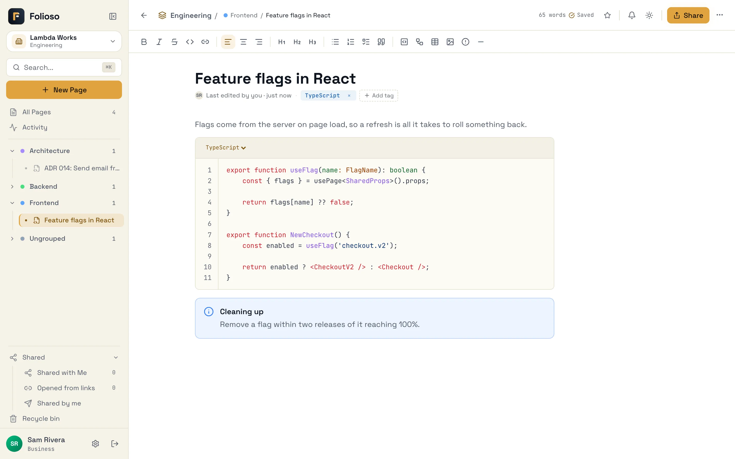 A note with a TypeScript code block and a callout