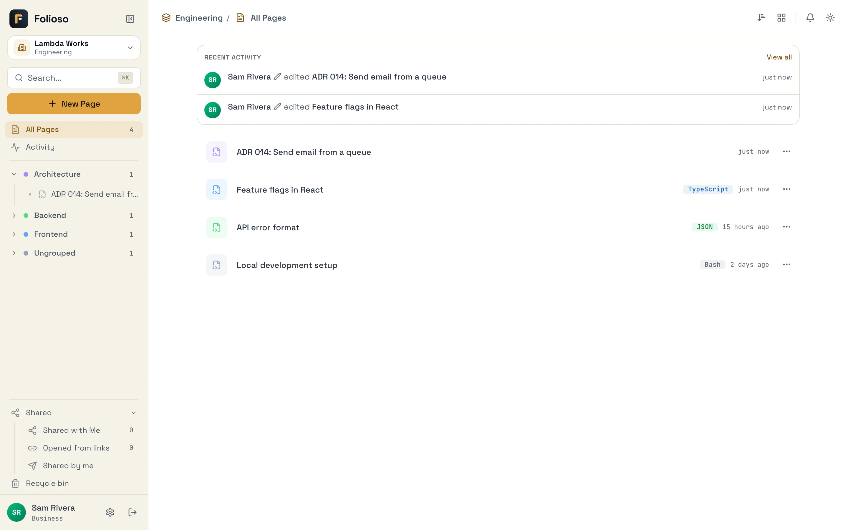 An engineering space with groups for architecture, backend and frontend