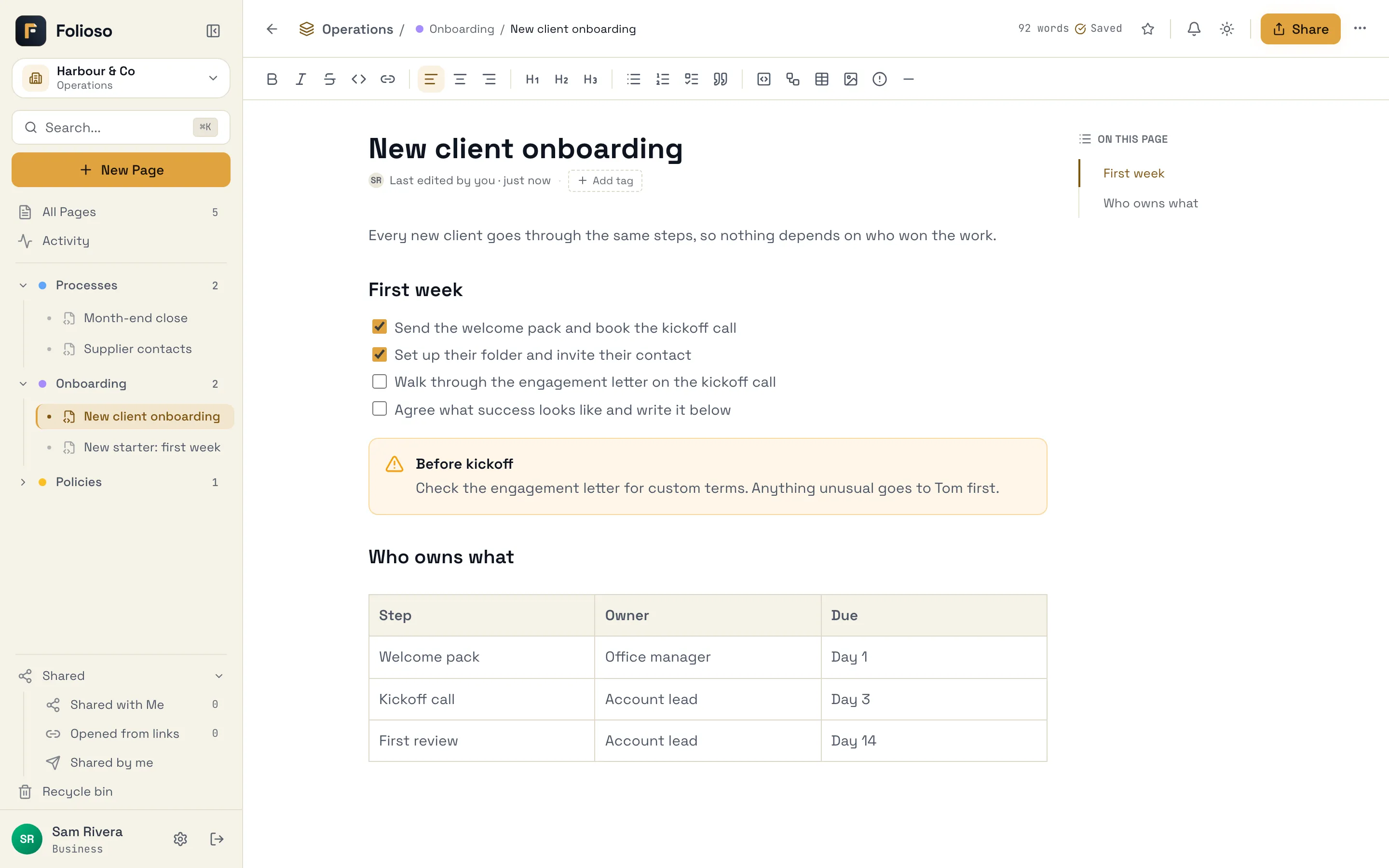 A client onboarding process in Foliosodev, with a checklist, a callout and a table of owners
