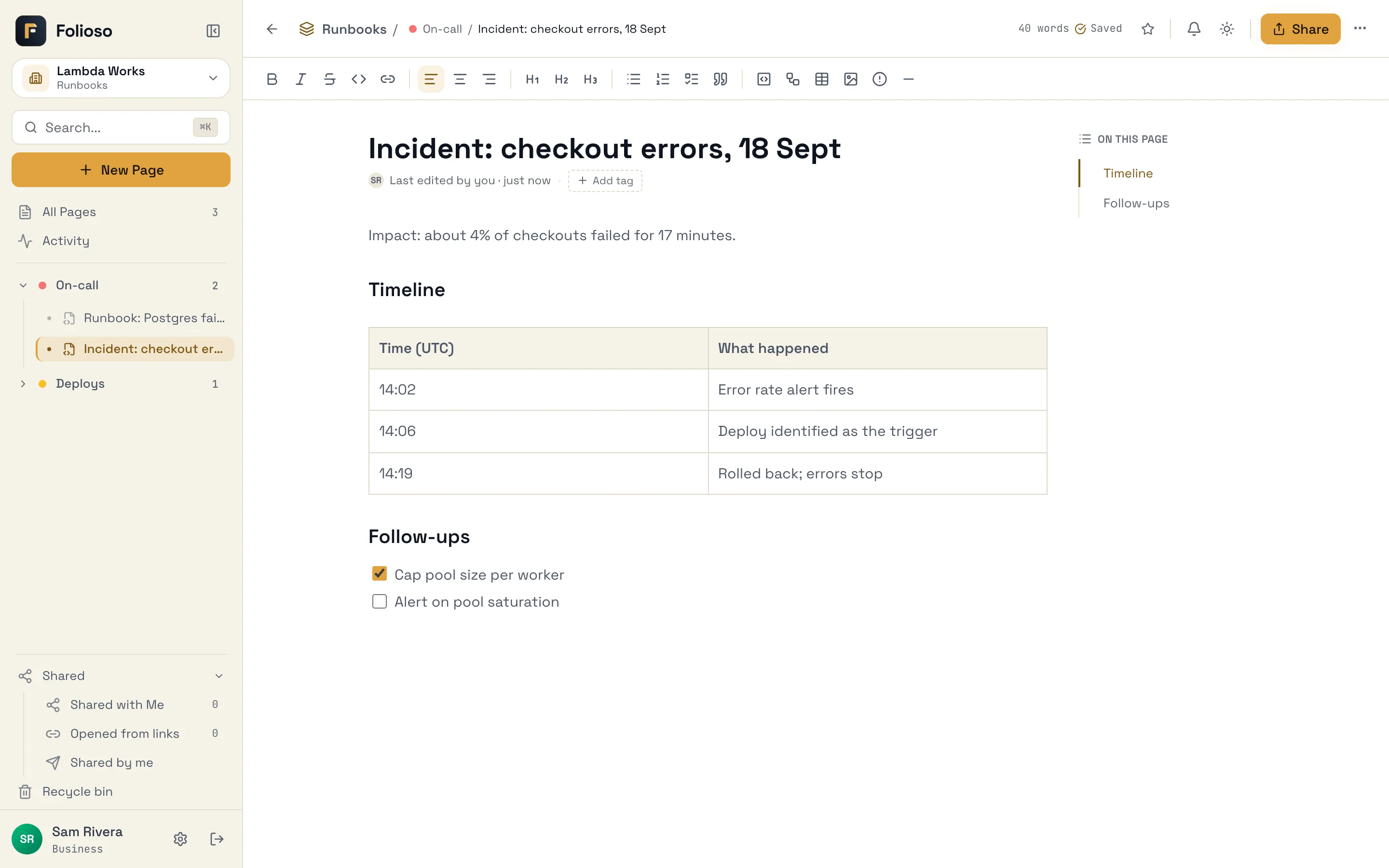 An incident write-up with a timeline table and follow-ups