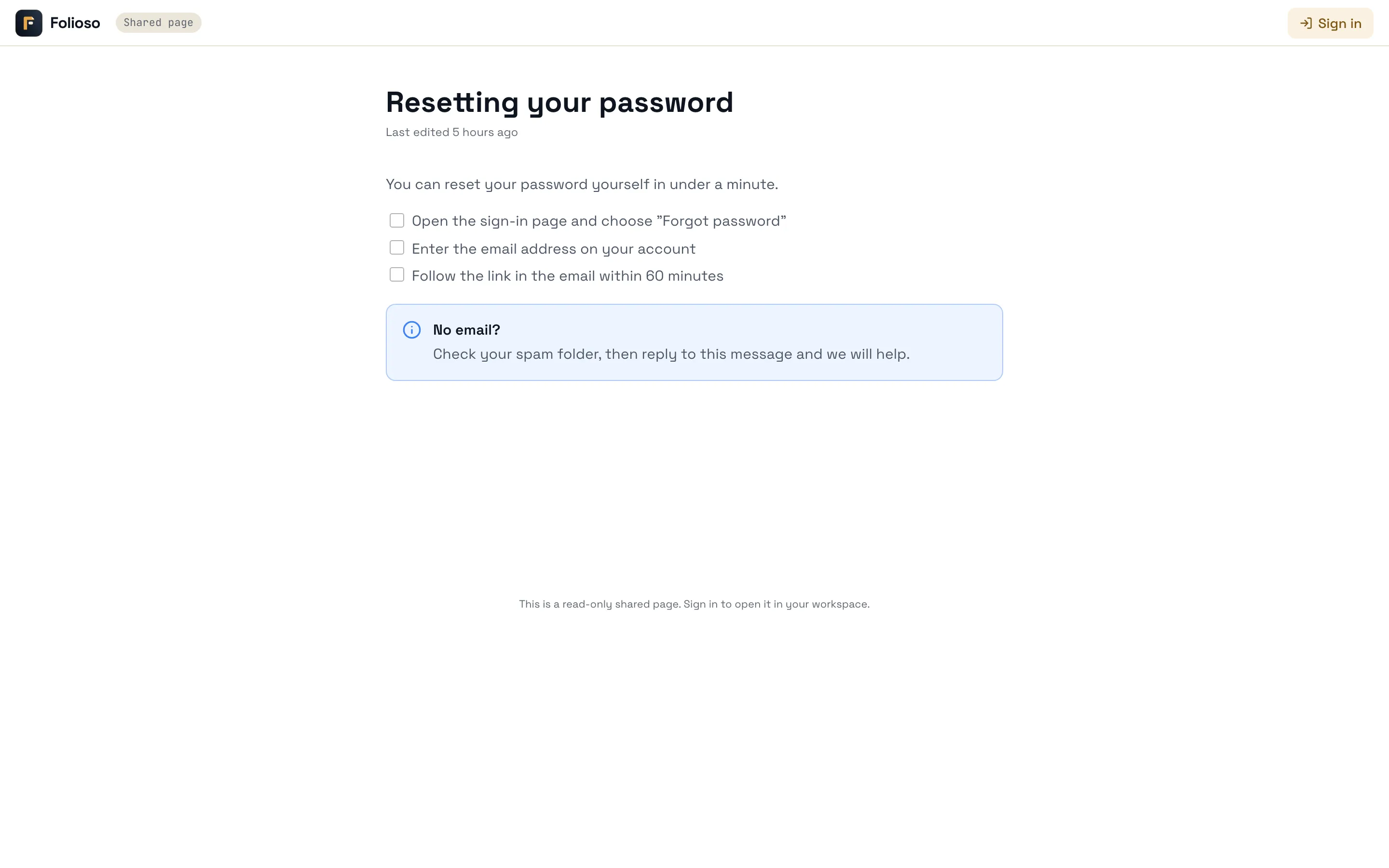 A help article shared publicly by link, with a checklist and a callout