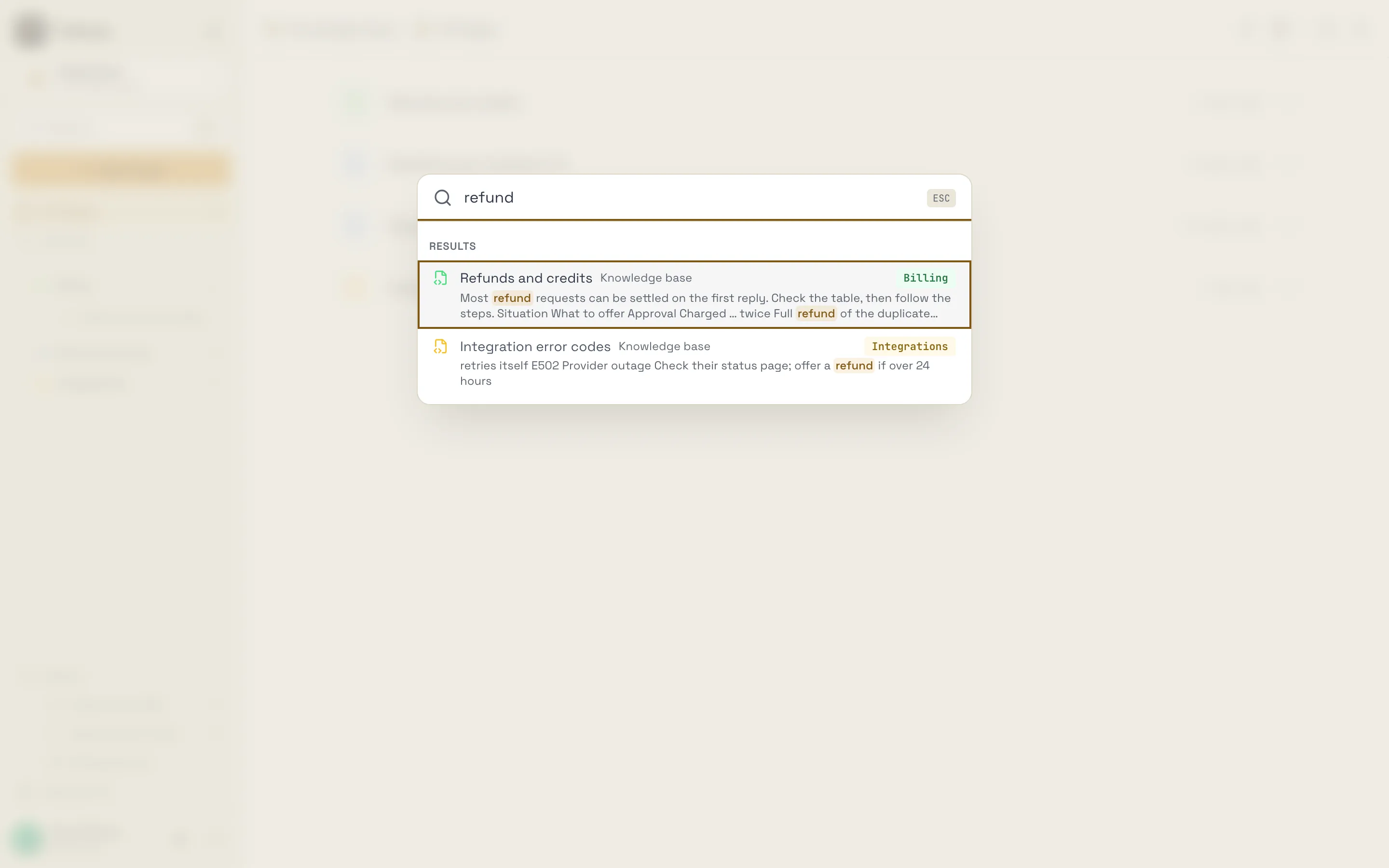 Search for refund, with matches highlighted across knowledge base articles