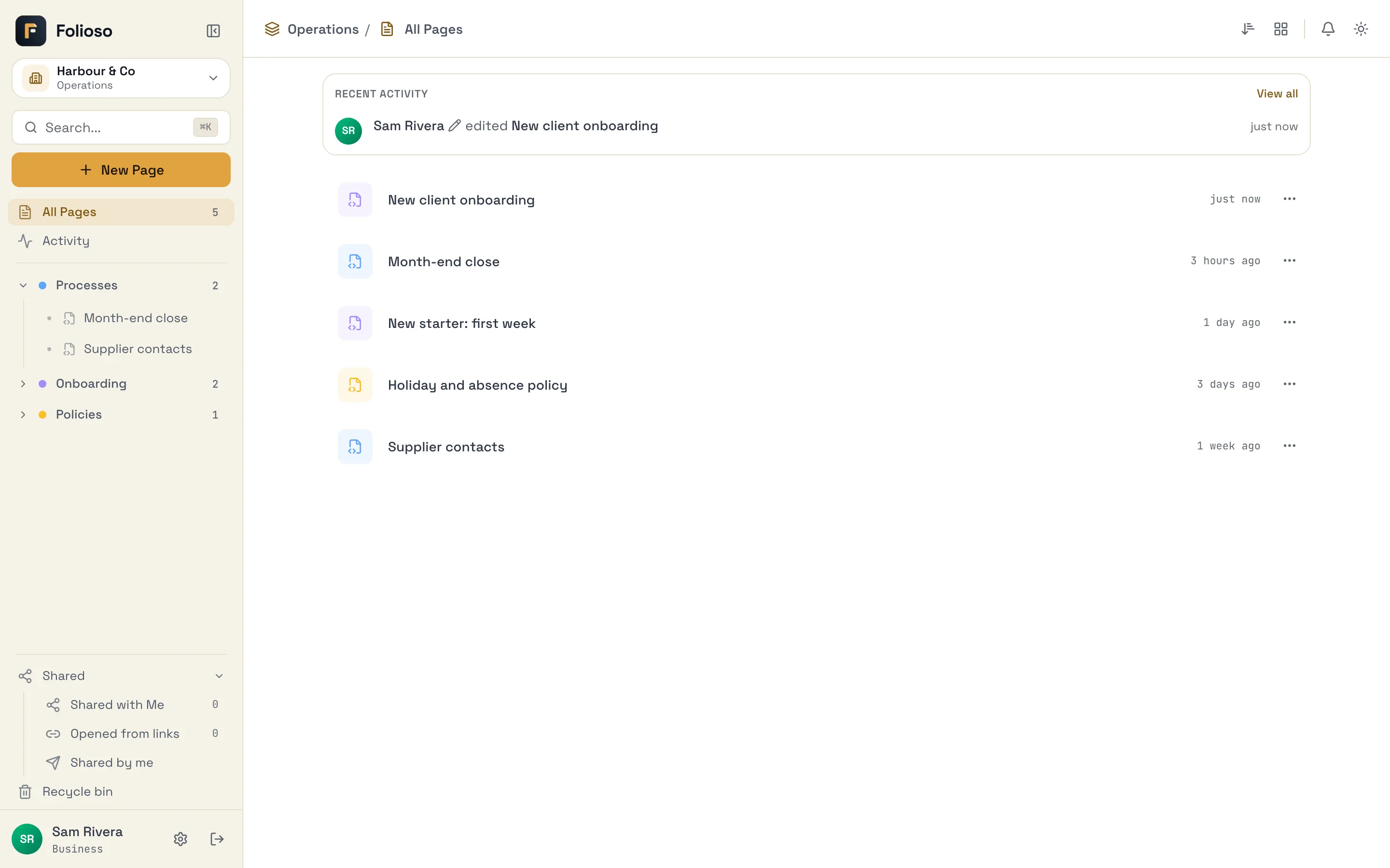 An operations space with groups for processes, onboarding and policies, and its recent activity