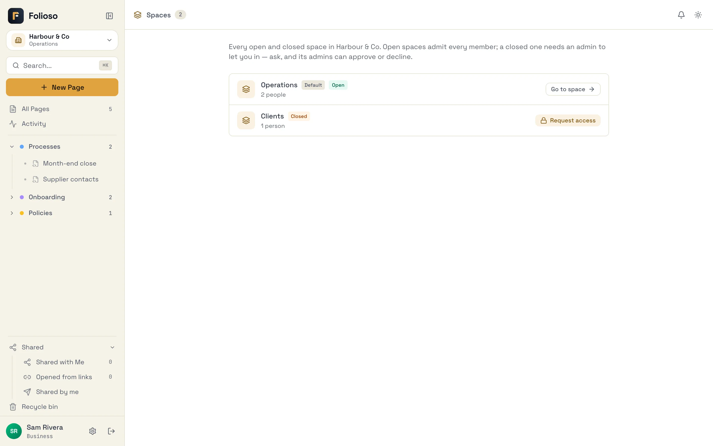 The spaces directory, showing which spaces a member can open and which need access