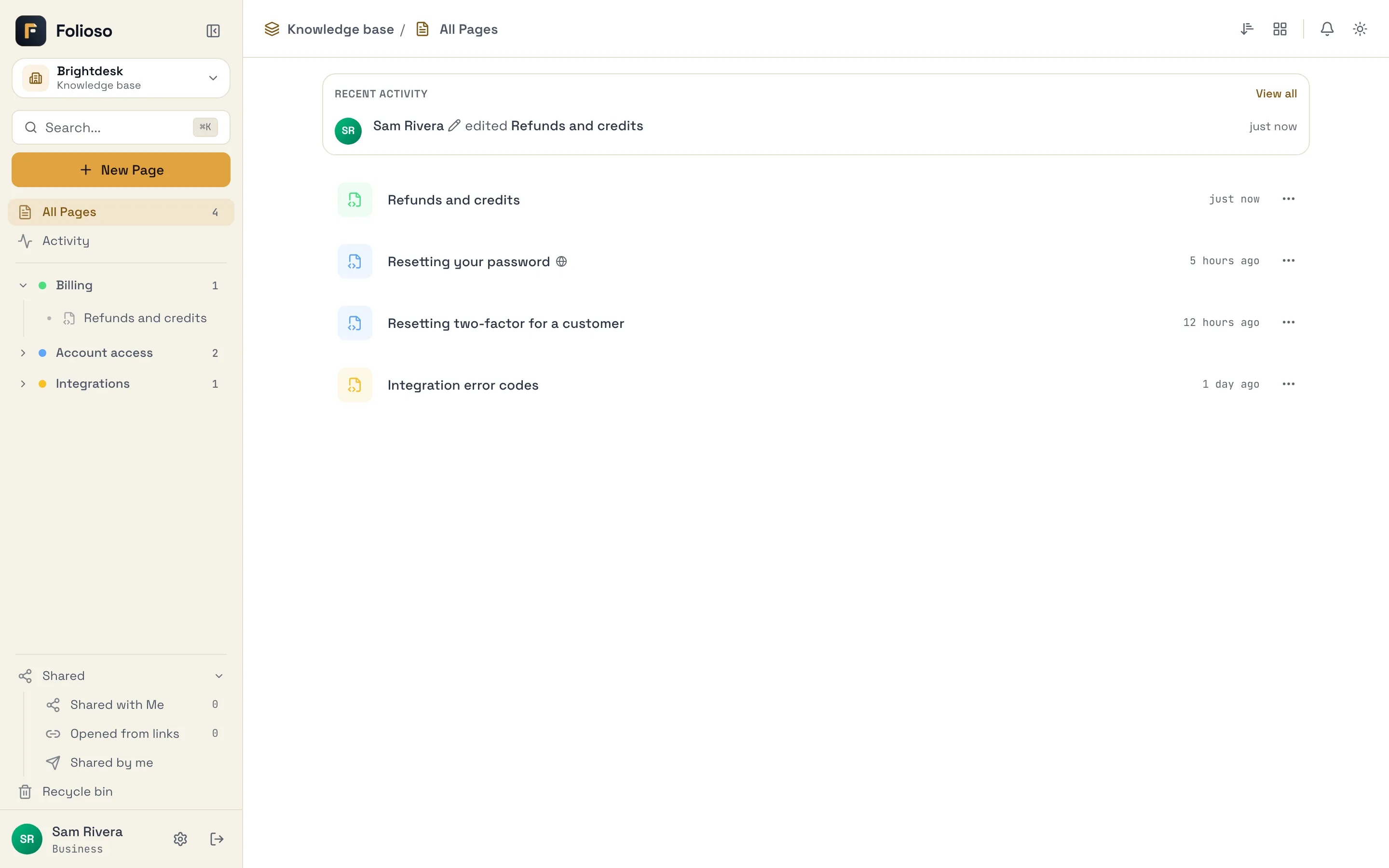 A knowledge base space with billing, account access and integrations groups